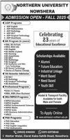 Admission notice for Northern University Nowshera KPK